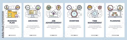 Mobile app onboarding screens. Business plan, job application and offer, time management. Menu vector banner template for website and mobile development. Web site design flat illustration