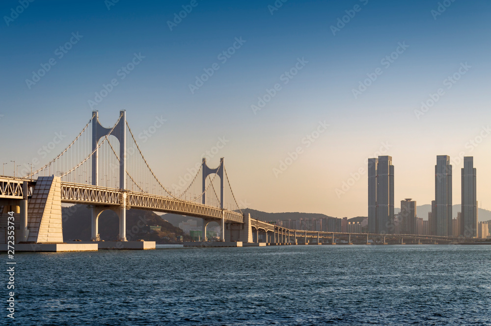 Scenic view of Busan Gwangandaegyo Bridge (Diamond Bridge), a suspension bridge connecting Haeundae-gu to Suyeong-gu in Busan, South Korea