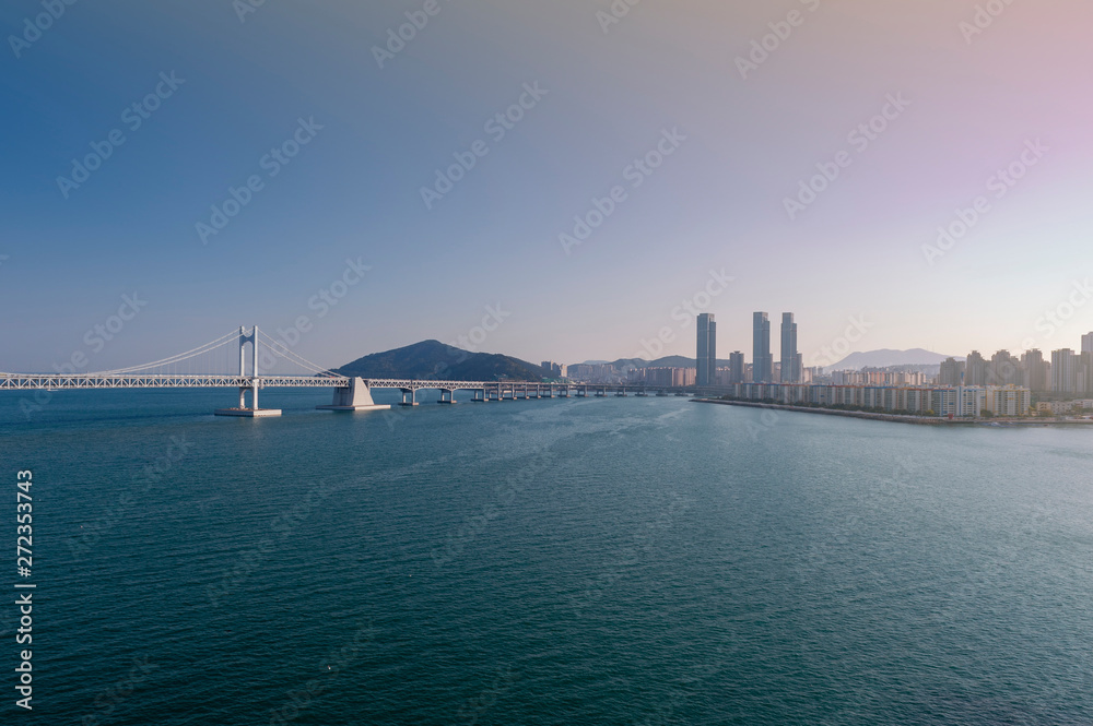 Scenic view of Busan Gwangandaegyo Bridge (Diamond Bridge), a suspension bridge connecting Haeundae-gu to Suyeong-gu in Busan, South Korea