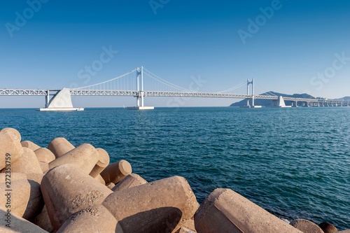 Scenic view of Busan Gwangandaegyo Bridge (Diamond Bridge), a suspension bridge connecting Haeundae-gu to Suyeong-gu in Busan, South Korea photo