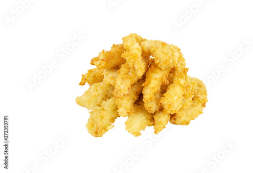 Pieces of chicken meat , breaded and deep-fried. Isolated on white background.