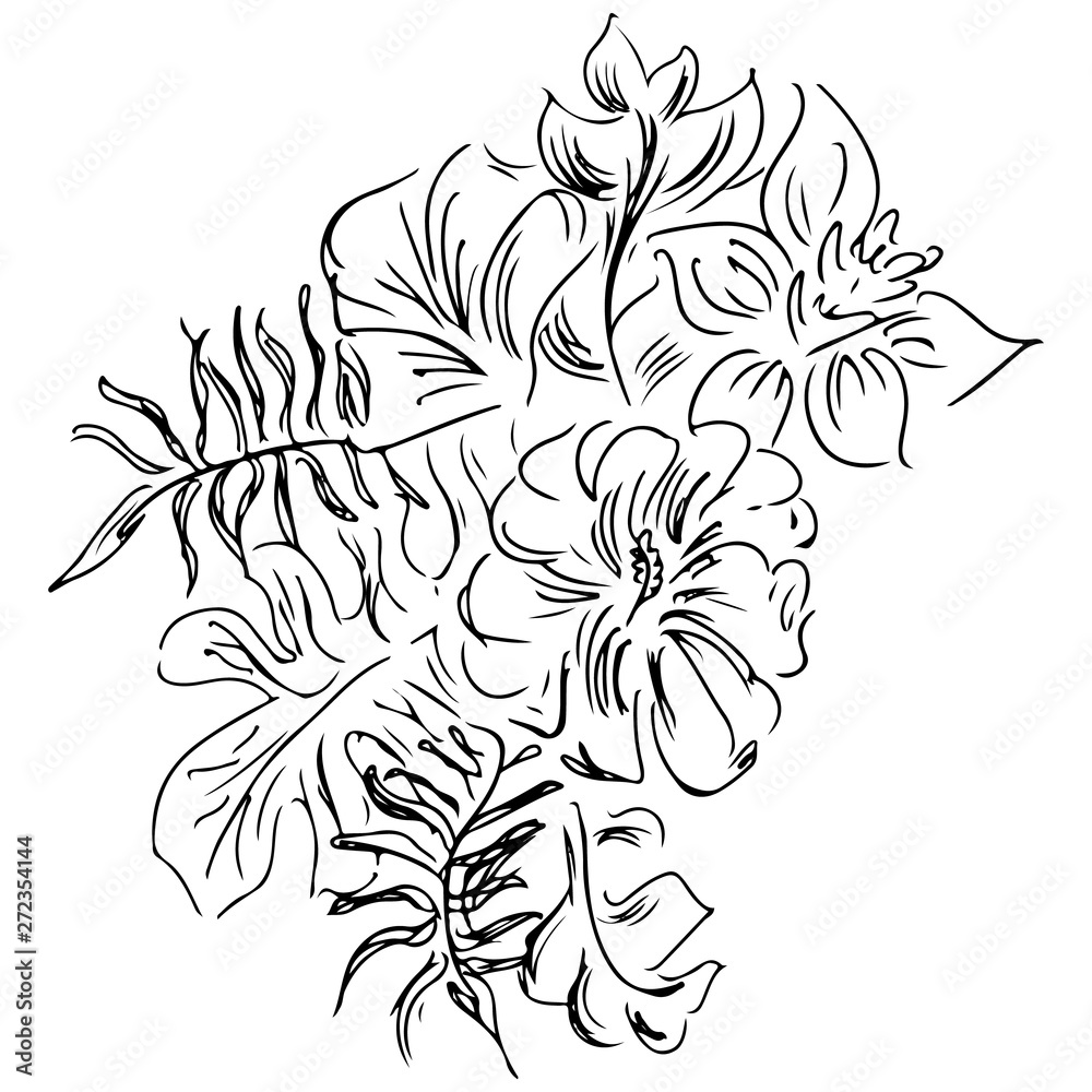 Fototapeta premium hand drawn sketch with tropical leaves and flowers isolated on white background. Exotic botanical design elements for wedding invitation cards, cosmetics, spa, perfume, beauty salon. Line art