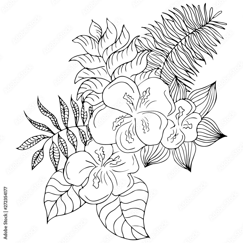 Fototapeta premium hand drawn sketch with tropical leaves and flowers isolated on white background. Exotic botanical design elements for wedding invitation cards, cosmetics, spa, perfume, beauty salon. Line art