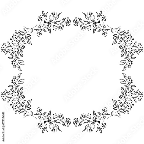 Wreath of roses or peonies flowers and branches isolated on white background. Foral frame design elements for invitations, greeting cards, posters. Hand drawn illustration. Line art. Sketch