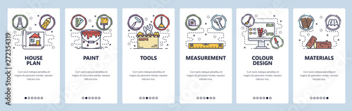 Mobile app onboarding screens. House building and construction, home repair, paint, tools and materials. Menu vector banner template for website and mobile development. Web site design illustration