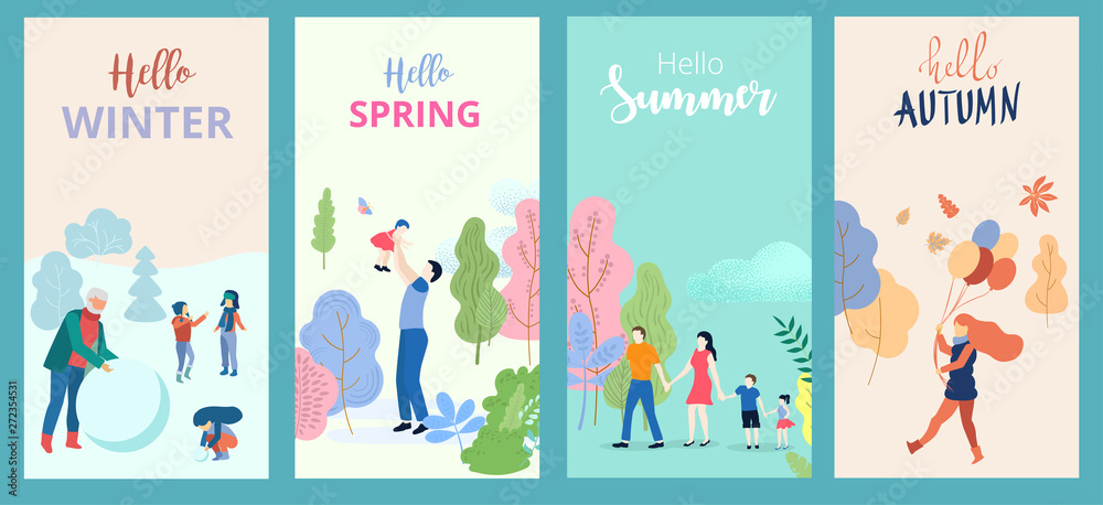 Hello summer, spring, autumn, winter. Set of posters or cards with people and outdoor seasonal entertainment.
