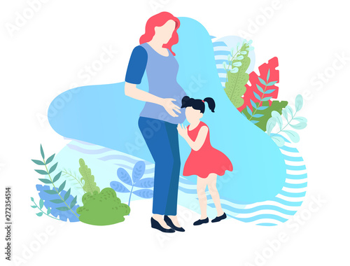 Family planning. Pregnant mother with her daughter. The girl is waiting for a brother or sister, family relationships.