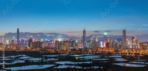 Photography Panorama of Skyline of Shenzhen City, China at dusk