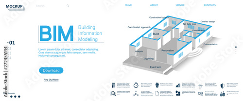 BIM banner - building information modeling. Website page with a 3d projection of an isometric house. BIM icons and information. The concept of business. Vector illustration BIM concept. Modeling 