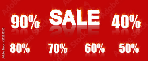 Sale - inscription and 90,80,70,60,50,40%, a whites inscriptions on fire, on a red background. Fire sale set. Numbers with percentages in realistic fire, Hot sale on fire! Vector full color set