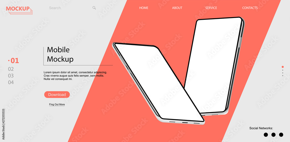 Webpage template with mobile phones with isometric position. 3d realistic phones in perspective. UI/UX/KIT design. Template for advertising or page to the site, marketing, presentation. Vector  - obrazy, fototapety, plakaty 