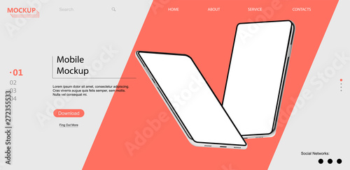 Webpage template with mobile phones with isometric position. 3d realistic phones in perspective. UI/UX/KIT design. Template for advertising or page to the site, marketing, presentation. Vector 