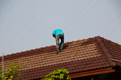 Roof Painting. Home repair worker painting up to the roof. photo