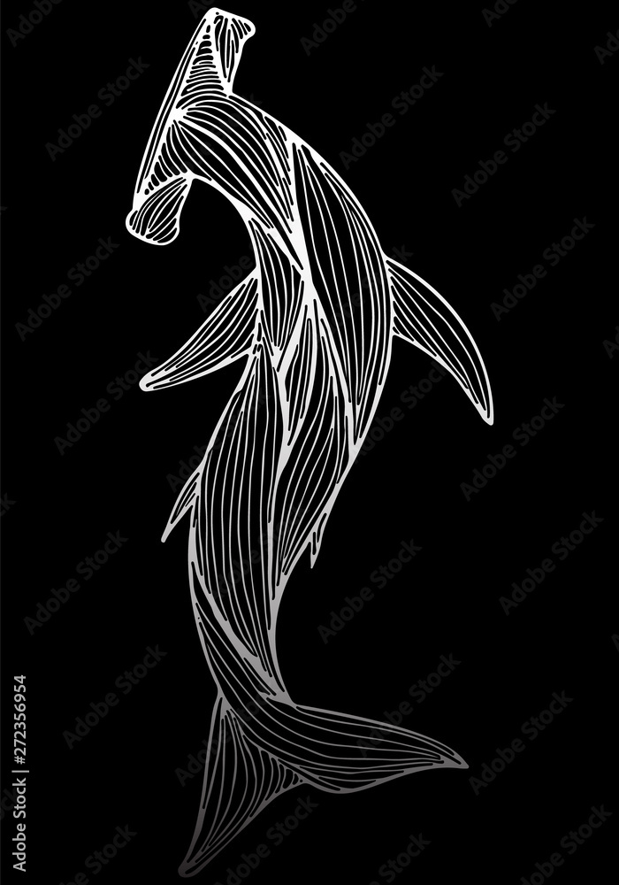 Obraz premium Abstract hand drawn giant hammer shark isolated on black background. illustration. Outline. Line art. Top view