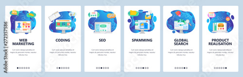 Mobile app onboarding screens. Web amd digital marketing, spamming, SEO and online shopping. Menu vector banner template for website and mobile development. Web site design flat illustration
