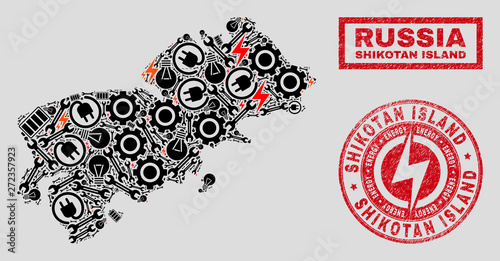 Composition of mosaic power supply Shikotan Island map and grunge watermarks. Mosaic vector Shikotan Island map is composed with tools and energy elements. Black and red colors used.