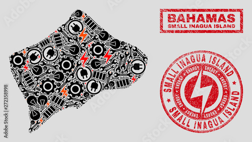 Composition of mosaic power supply Small Inagua Island map and grunge stamps. Mosaic vector Small Inagua Island map is created with equipment and innovation elements. Black and red colors used.
