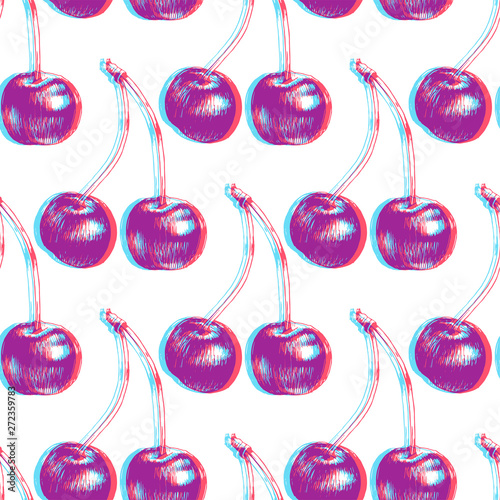 Fresh cherry seamless pattern. Vector background with colorful fruits. Hand drawn engraving sketch. Anaglyph 3d stereo effect.