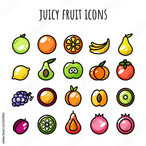 Fruit icon set. Juicy icons. Color and outline