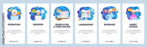 Mobile app onboarding screens. Surgery doctor, patient anesthesia, hospital laboratory, heart attack. Menu vector banner template for website and mobile development. Web site design flat illustration