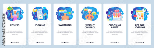 Mobile app onboarding screens. Fitness, music for jogging, diet and weight control, healthy lifestyle. Menu vector banner template for website and mobile development. Web site design flat illustration