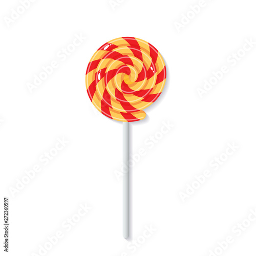 Sweet Christmas candy lollipop with red and yellow strips isolated on white background. Graphic element for greeting card on New Year and Christmas. Vector illustration.