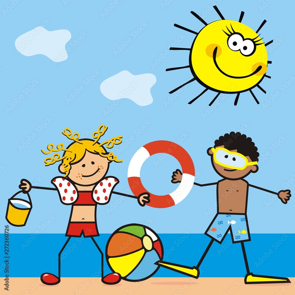 Naklejka premium Two smiling kids, girl and boy on the beach. At background are sea and sky with funny sun. Vector illustration.