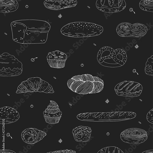 Seamless pattern of elements with hand drawn bakery products on a chalkboard background