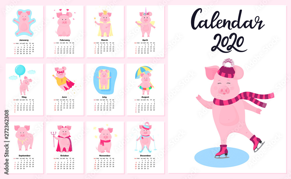 12 calendar cards with funny pigs for each month of the year 2020. Cute piggy in a cap and scarf skating. 12 calendar cards with funny pigs for each month of the year 2020. Cute piggy in a cap and scarf skating.