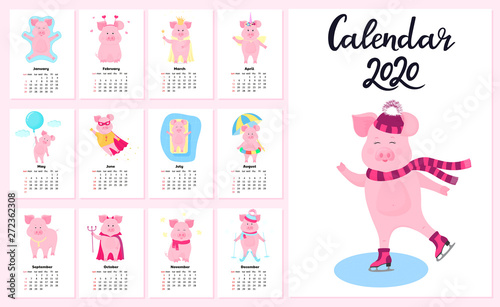 12 calendar cards with funny pigs for each month of the year 2020. Cute piggy in a cap and scarf skating.