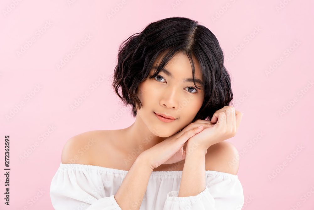 Smiling young pretty Asian woman with Korean short hairstyle Photos | Adobe  Stock