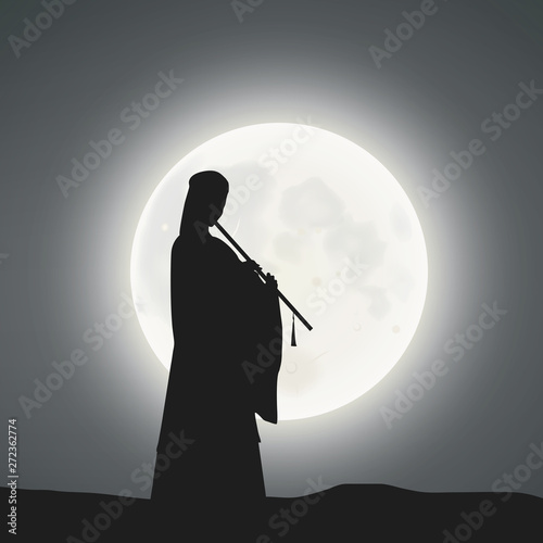 An Ancient Chinese Beauty Playing A Chinese Flute Under The Moonlight