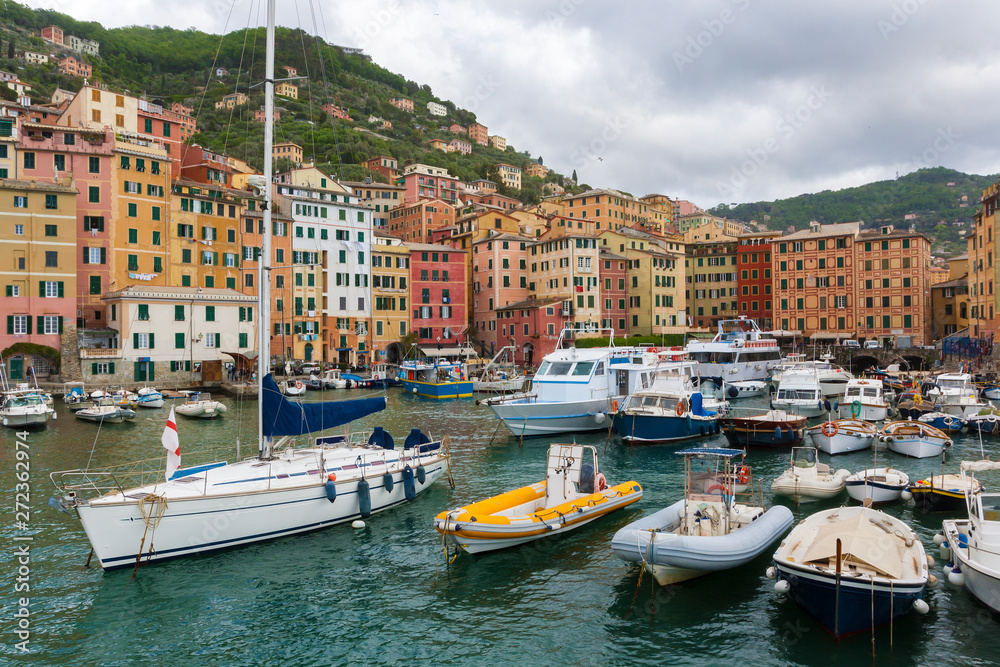 View of the Camogli's city on the Ligurian Riviera in Italy whit its porto.