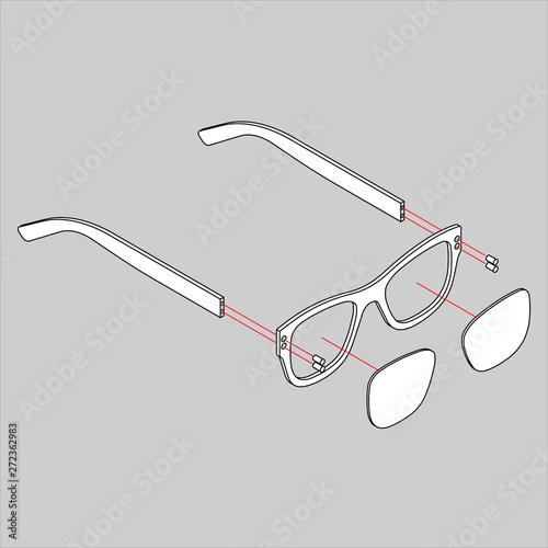 Vector illustration of sunglasses in isometric style with shadows on isolated gray background. Simplified instructions for assembling sunglasses or reading glasses.