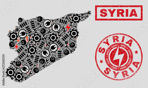 Composition of mosaic power supply Syria map and grunge stamps. Mosaic vector Syria map is created with hardware and bulb elements. Black and red colors used. Concept for power supply business.