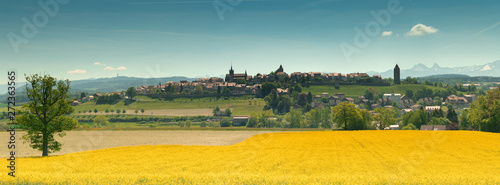 panorama view of the village of Romont in Switzerland with the Alps in the background photo