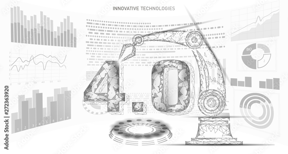 Low poly future industrial revolution concept. Industry 4.0 number assembled by robotic arm. Online technology industry management. 3D polygonal innovation system vector illustration