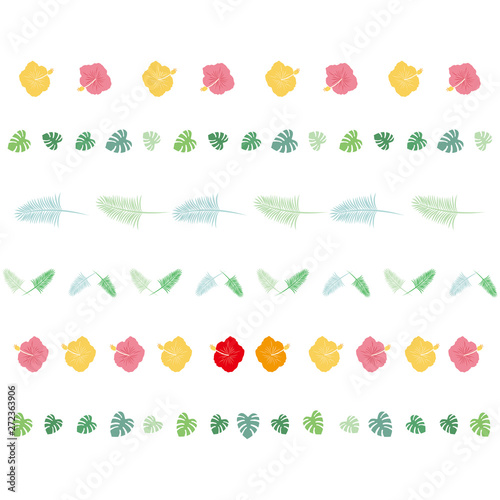 Illustration of monstera and palm and hibiscus border.