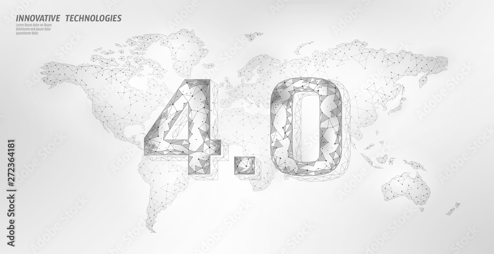 Obraz premium Low poly global future industrial revolution concept. Global World map human union. Online technology international connection industry management. 3D polygonal system vector illustration