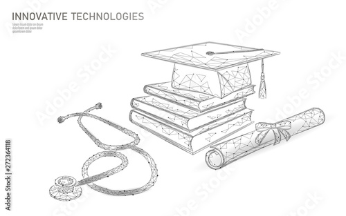 E-learning distance medicine graduate certificate program concept. Low poly 3D render graduation cap diploma and stethoscope banner template. Internet education course degree vector illustration