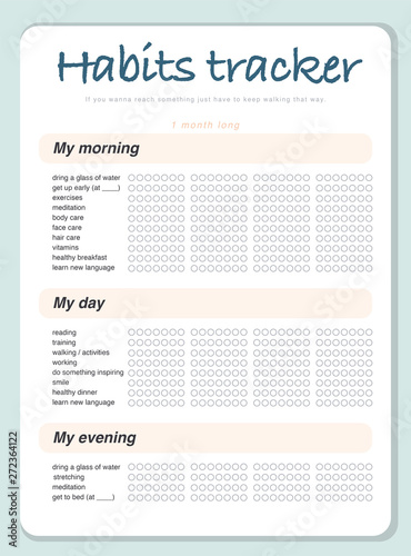 Vector habits tracker page design template calendar  for month. Time management equipment. Flat lay, organizer mock up. Pastel colors. Monthly organizer with examples of activities. photo