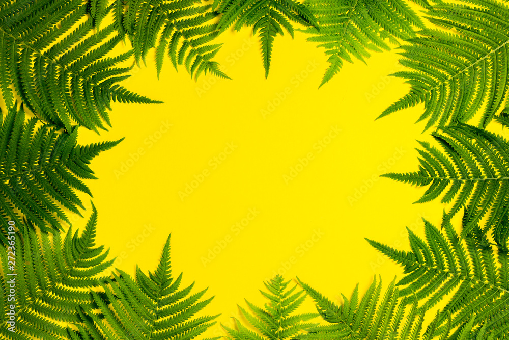 Fern leaves or palm trees on a yellow background. Concept of the tropics. Copy space. Flat lay, top view