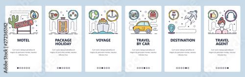 Mobile app onboarding screens. Summer vacation, travel by car, sea cruise, tour package, motel sign. Menu vector banner template for website and mobile development. Web site design flat illustration