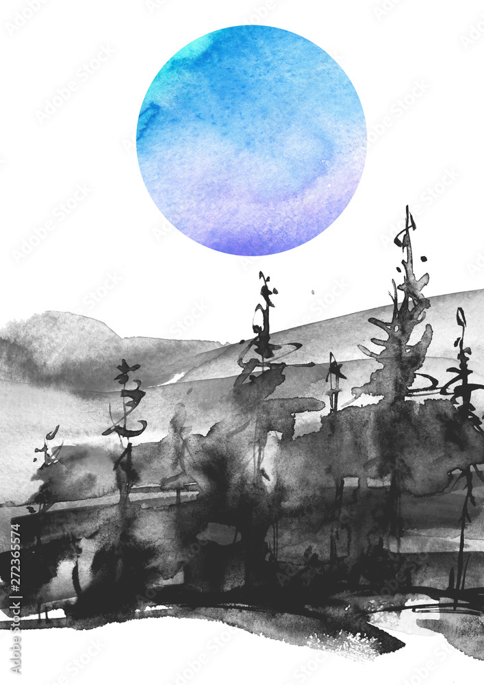 Watercolor group of trees - blue fir, pine, cedar, fir-tree. Forest on the slope, cliff, grief. Blue forest, landscape, fog forest landscape, slope, mountain. Full moon, eclipse. Isolated drawing