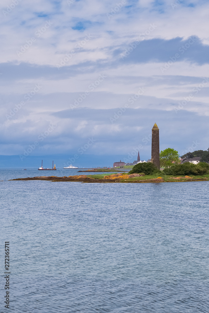 Largs Foreshore and the Pencil Monument Commemorating the Viking Battle of Largs in 1263.