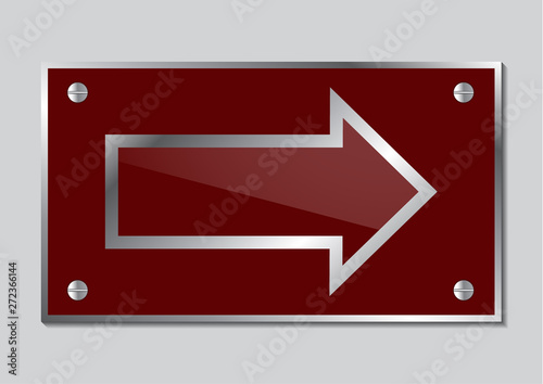 Bright abstract metal plate with an arrow, a pointer. Shiny silver edging with bolts.
