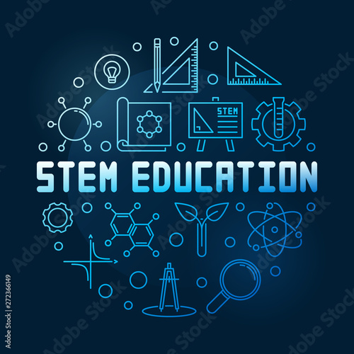 STEM Education vector concept blue linear round illustration on dark background