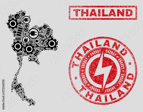 Composition of mosaic power supply Thailand map and grunge stamp seals. Mosaic vector Thailand map is created with workshop and energy elements. Black and red colors used.
