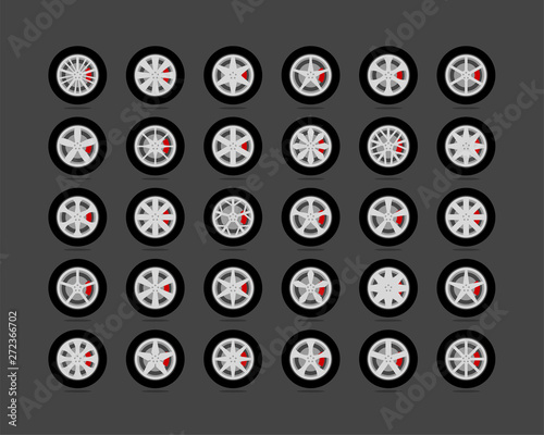 Set tires and wheels. Disc wheel car icon vector.