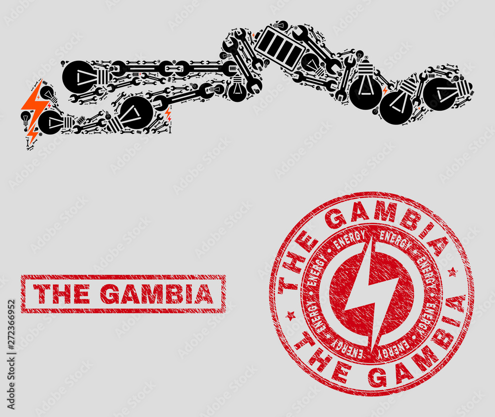 Composition of mosaic power supply the Gambia map and grunge seals. Mosaic vector the Gambia map is composed with repair and power icons. Black and red colors used. Composition of mosaic power supply the Gambia map and grunge seals. Mosaic vector the Gambia map is composed with repair and power icons. Black and red colors used.